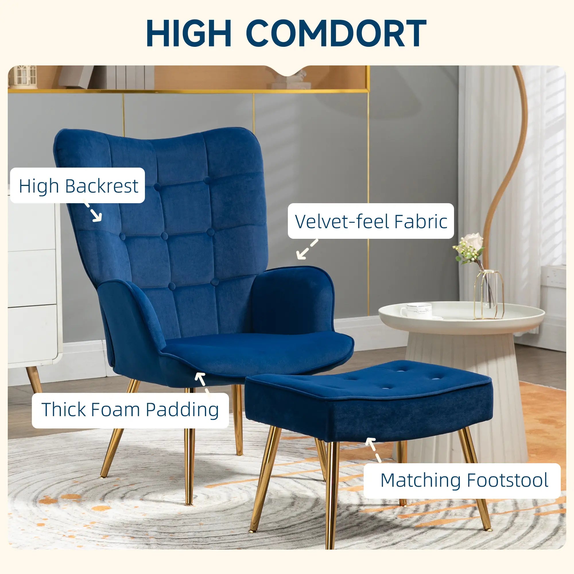 Modern Accent Chair with Ottoman, Upholstered Armchair, Gold Legs, Dark Blue Accent Chairs at Gallery Canada