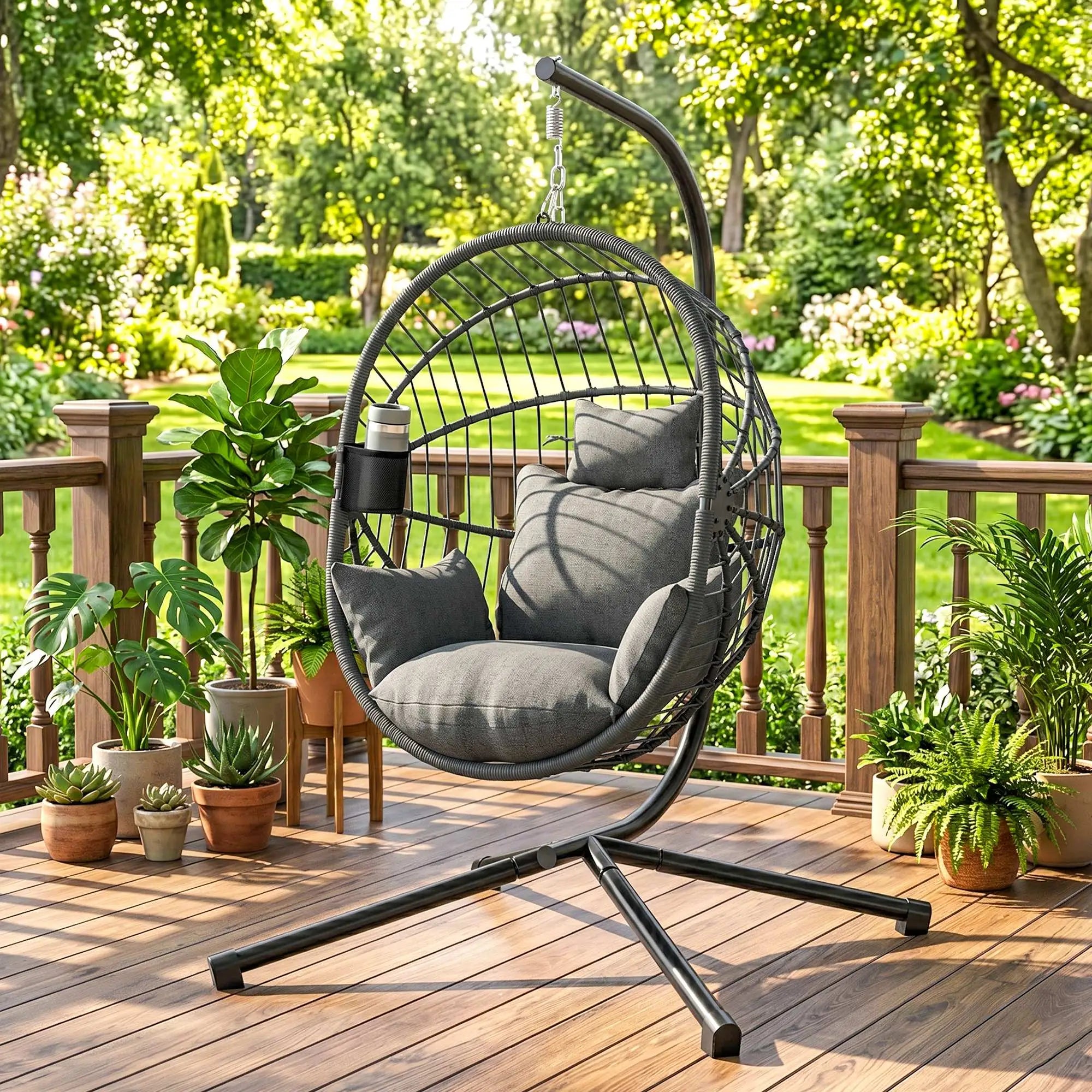 Metal Hanging Egg Chair, Full Body Padded Seat, Grey Patio Swings with Stand at Gallery Canada