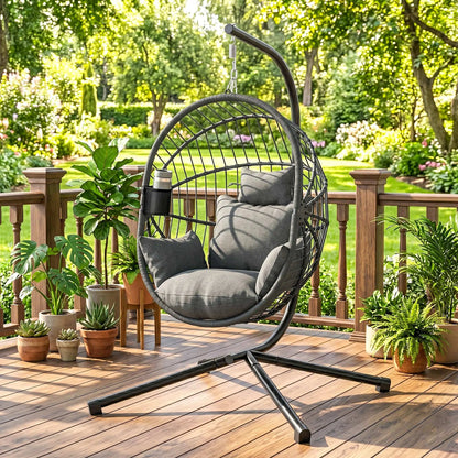 Metal Hanging Egg Chair, Full Body Padded Seat, Grey Patio Swings with Stand at Gallery Canada