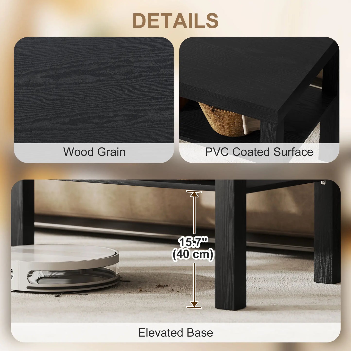 2 Tier Coffee Table, Rectangular Center Table with Storage Shelf, Black Coffee Tables at Gallery Canada