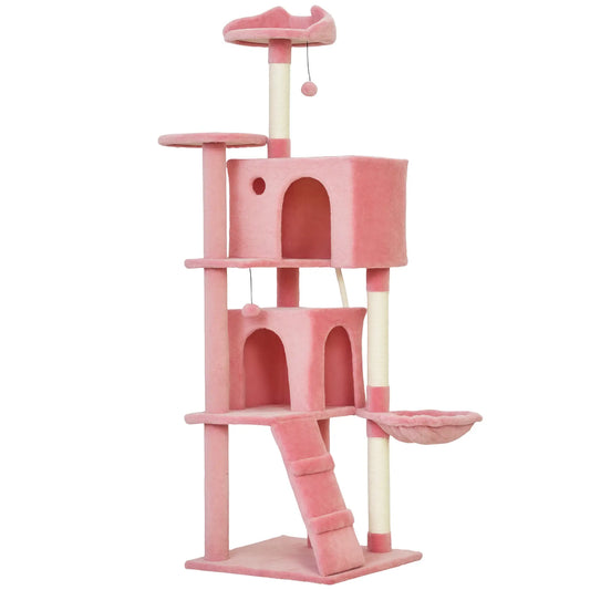63 Inch Cat Tree with Sisal Posts, Condos, Perches, Hammock, Pink Cat Towers Pink, Cream White at Gallery Canada