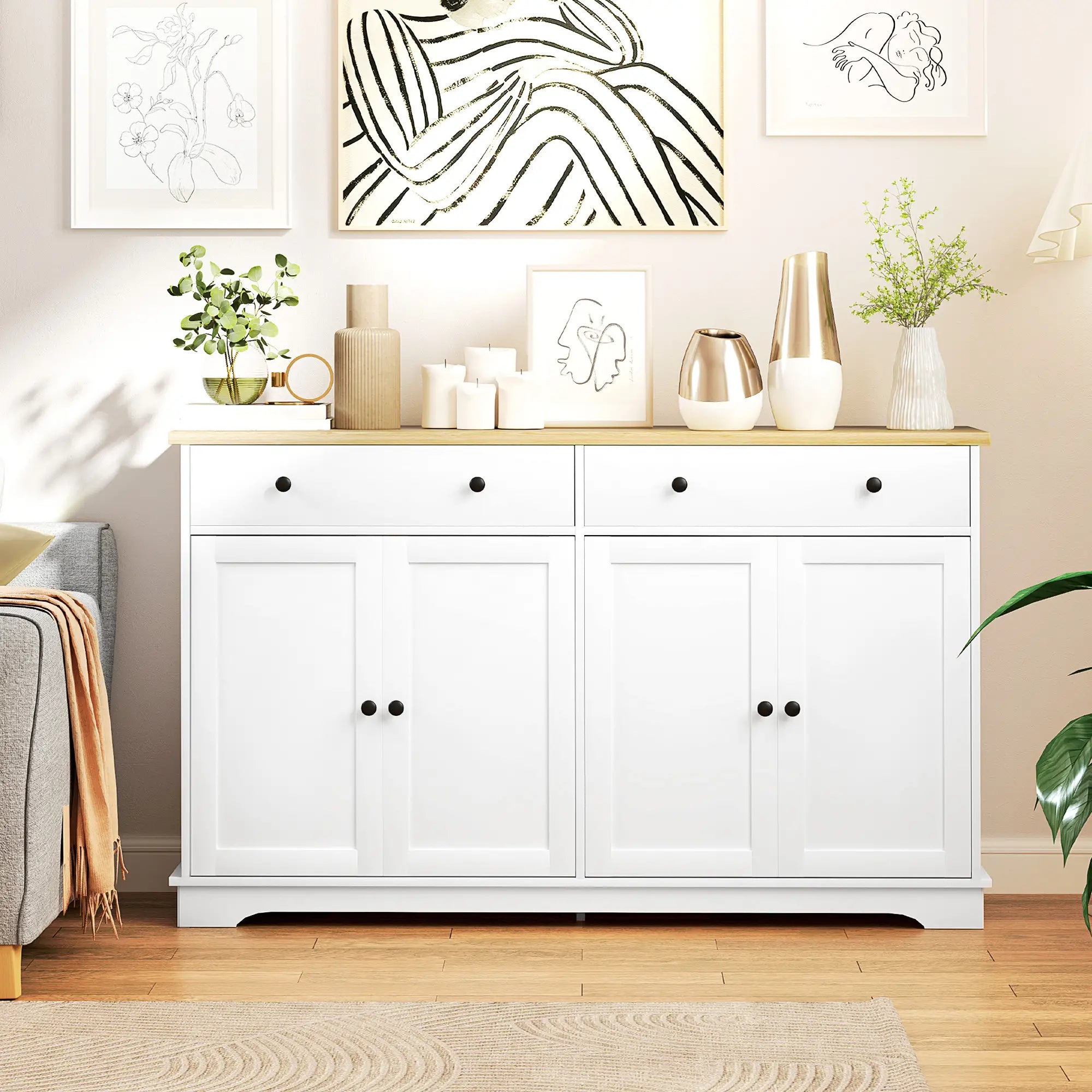 Modern Sideboard, Buffet Cabinet with Drawers, Adjustable Shelves, White Storage Cabinets at Gallery Canada