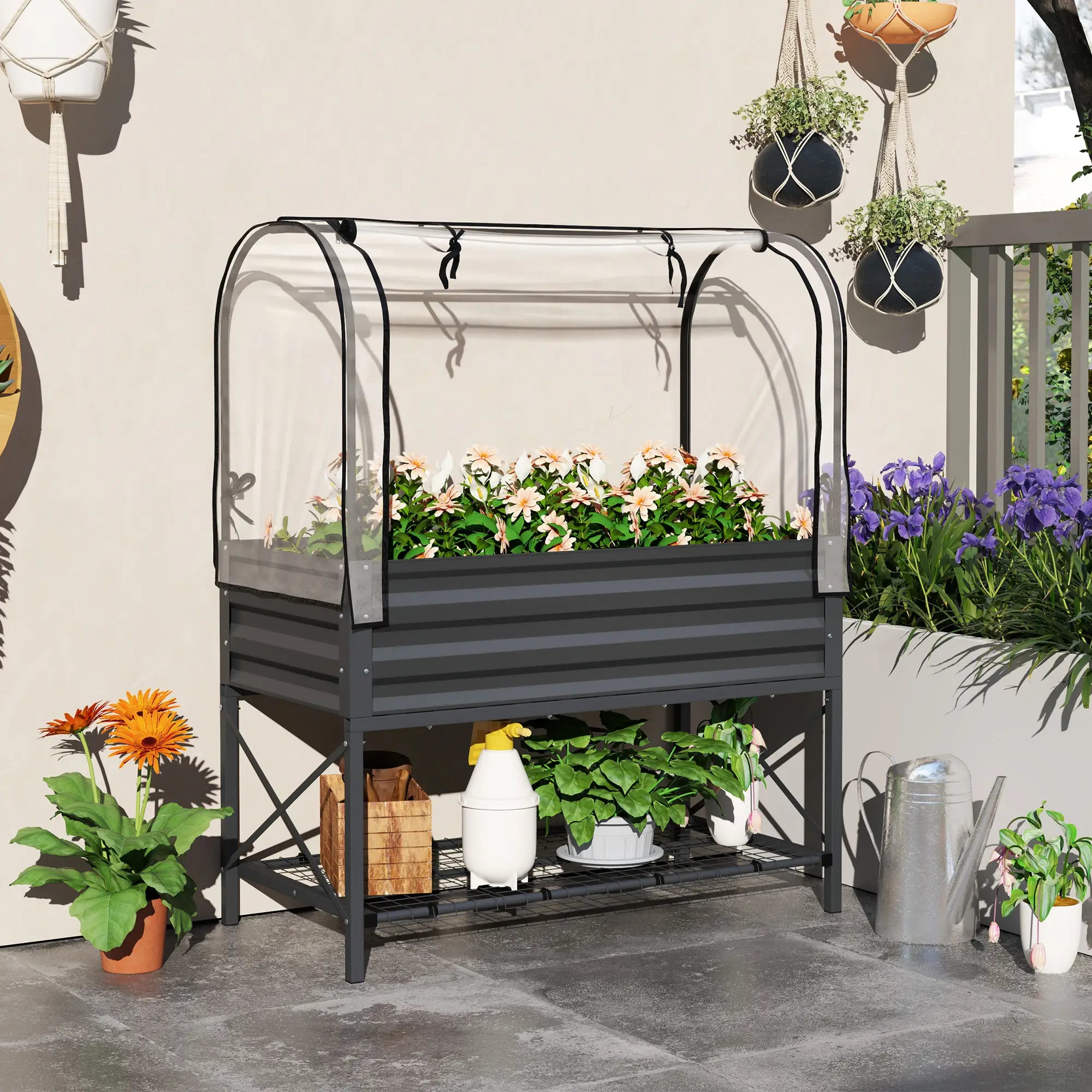 Metal Raised Garden Bed With Cover, With Bottom Shelf And Liner, Dark Grey Elevated Garden Beds at Gallery Canada