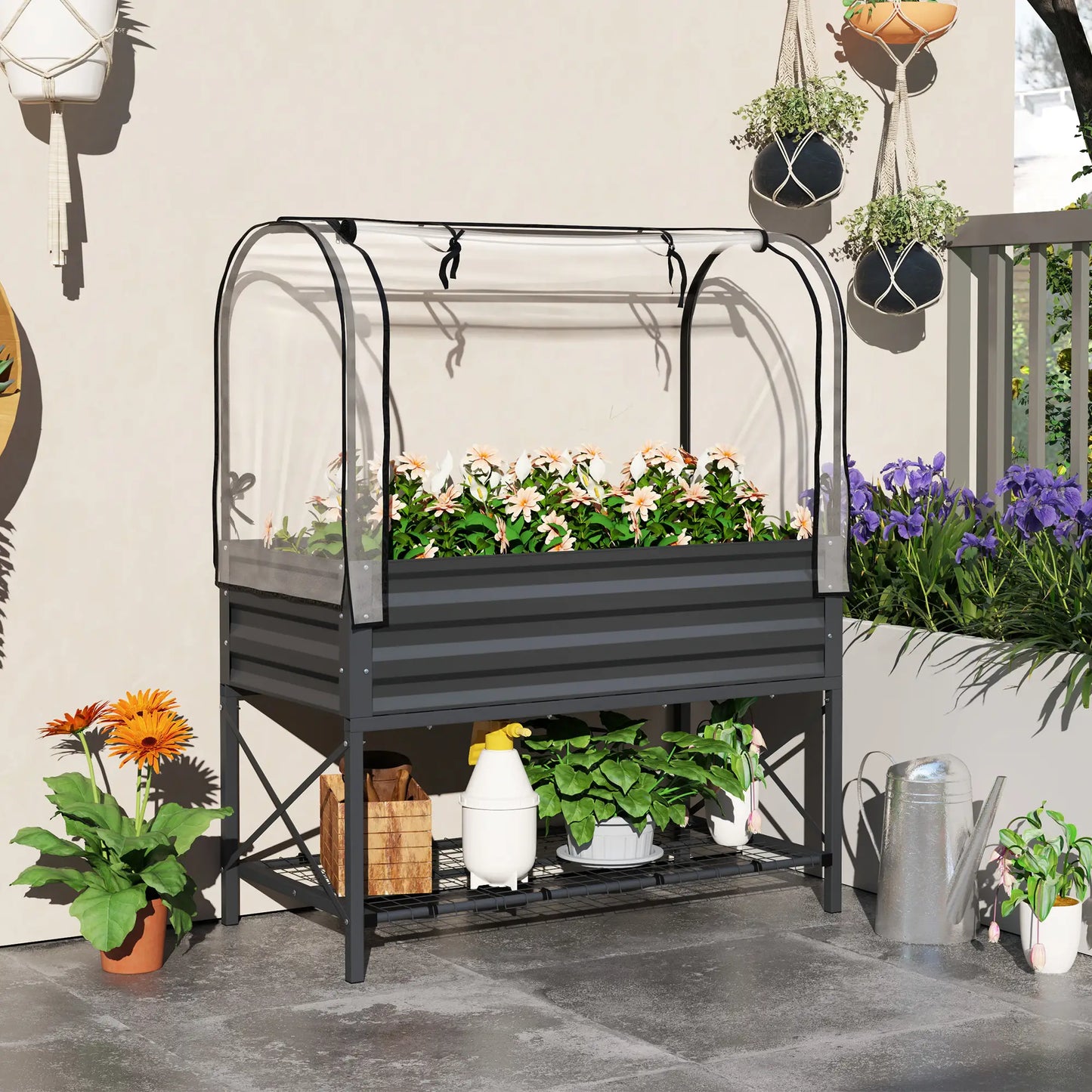 Metal Raised Garden Bed With Cover, With Bottom Shelf And Liner, Dark Grey Elevated Garden Beds at Gallery Canada