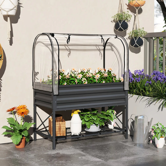 Metal Raised Garden Bed With Cover, With Bottom Shelf And Liner, Dark Grey Elevated Garden Beds Dark Grey, Clear at Gallery Canada
