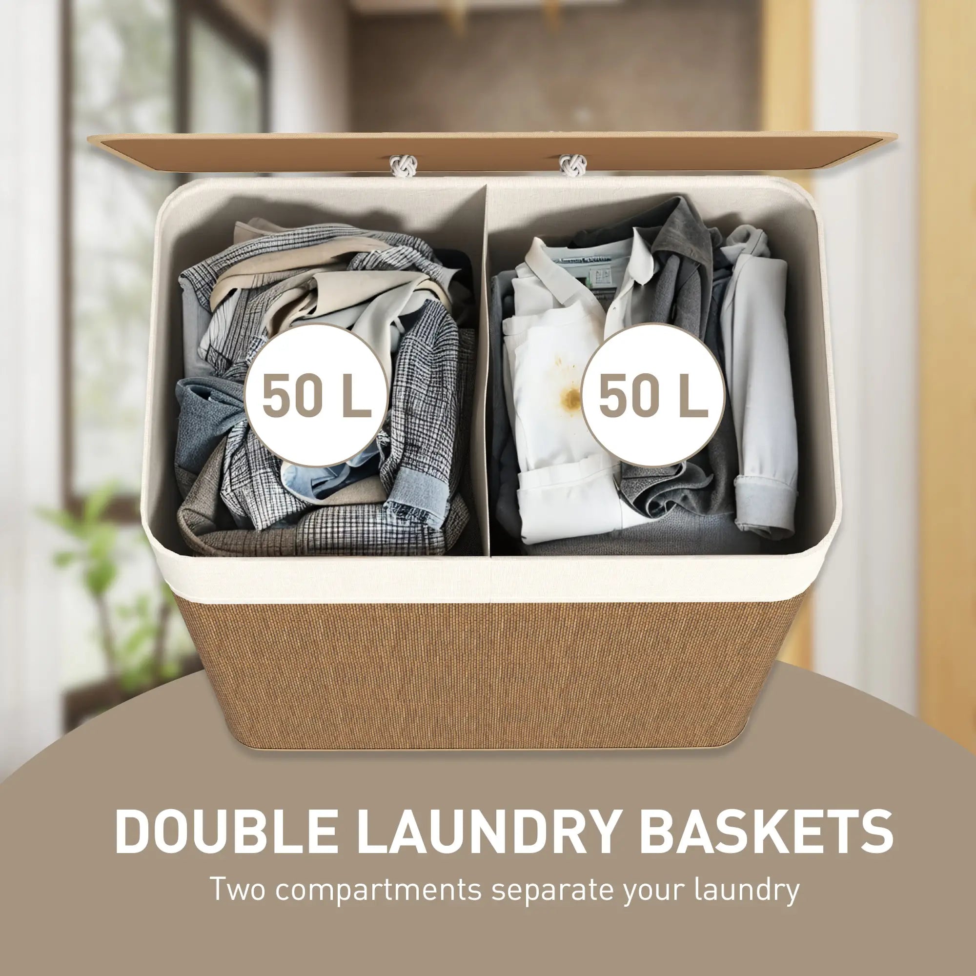 Double Laundry Basket with Lid, 100L Bamboo Hamper, Removable Bags, Brown Clothing Storage at Gallery Canada