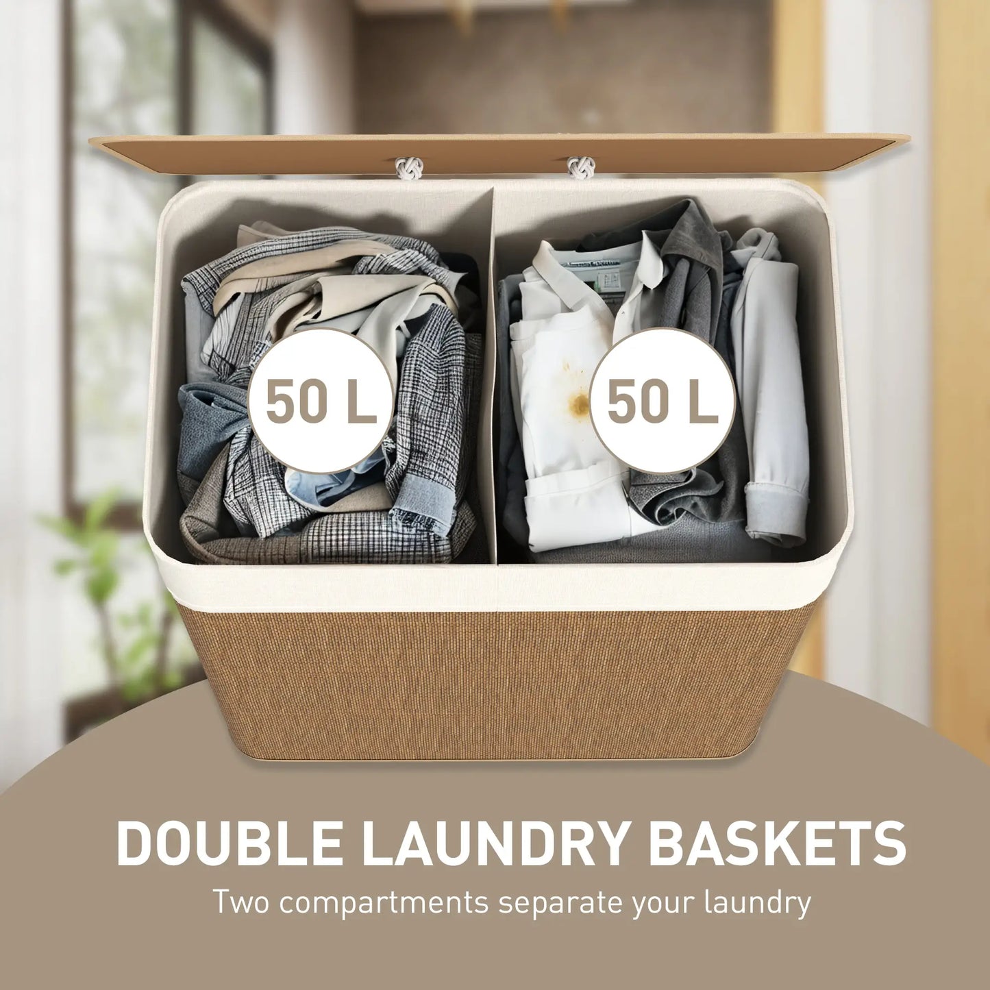 Double Laundry Basket with Lid, 100L Bamboo Hamper, Removable Bags, Brown Clothing Storage at Gallery Canada