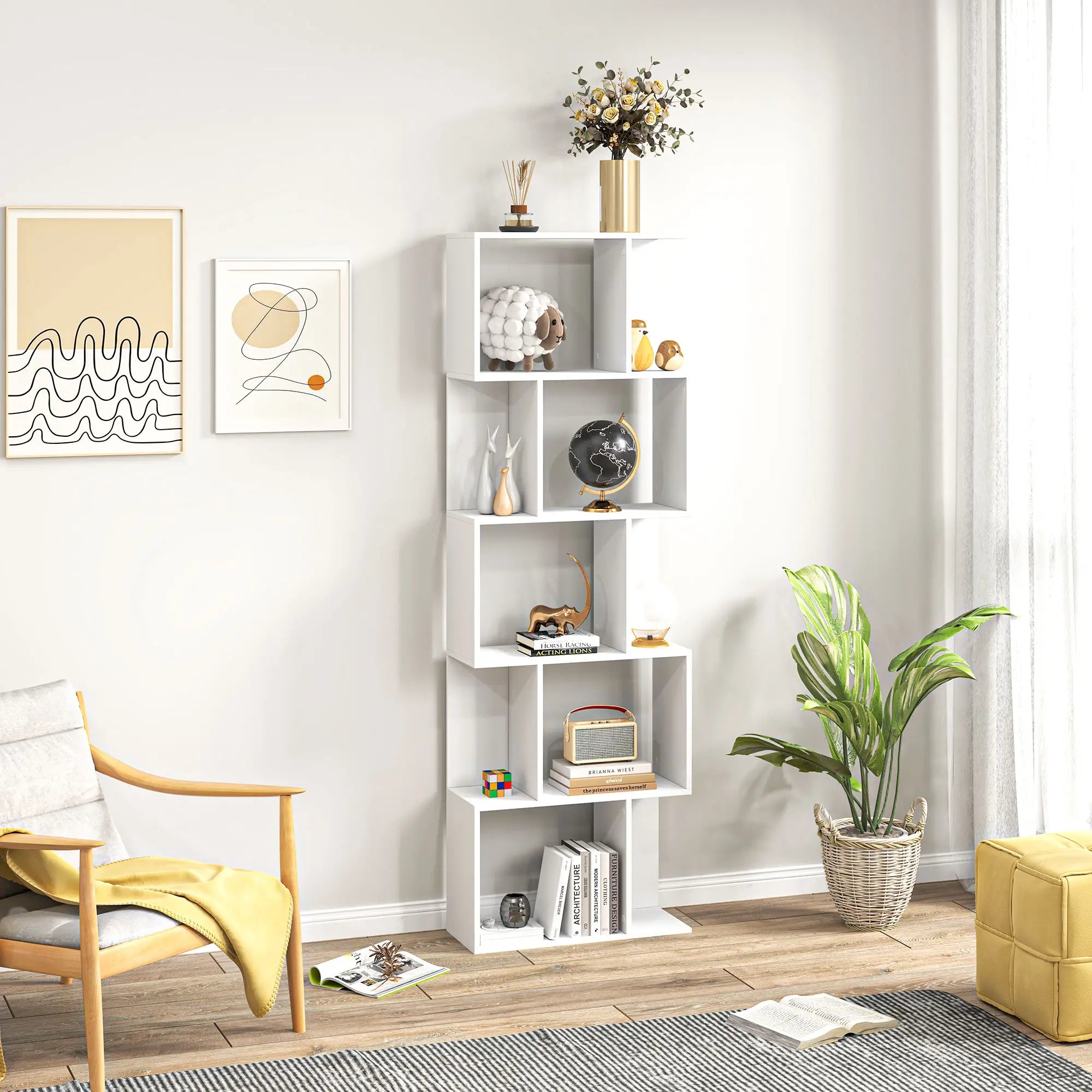 5-Tier Geometric Bookshelf, S Shaped Bookcase, White Display Bookshelves at Gallery Canada