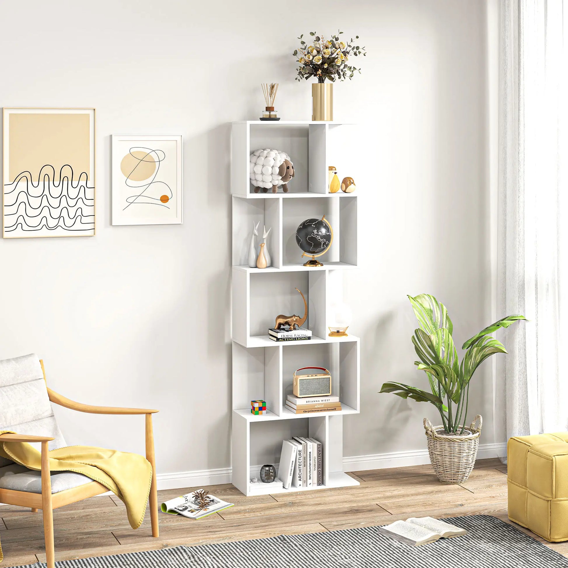 5-Tier Geometric Bookshelf, S Shaped Bookcase, White Display Bookshelves at Gallery Canada