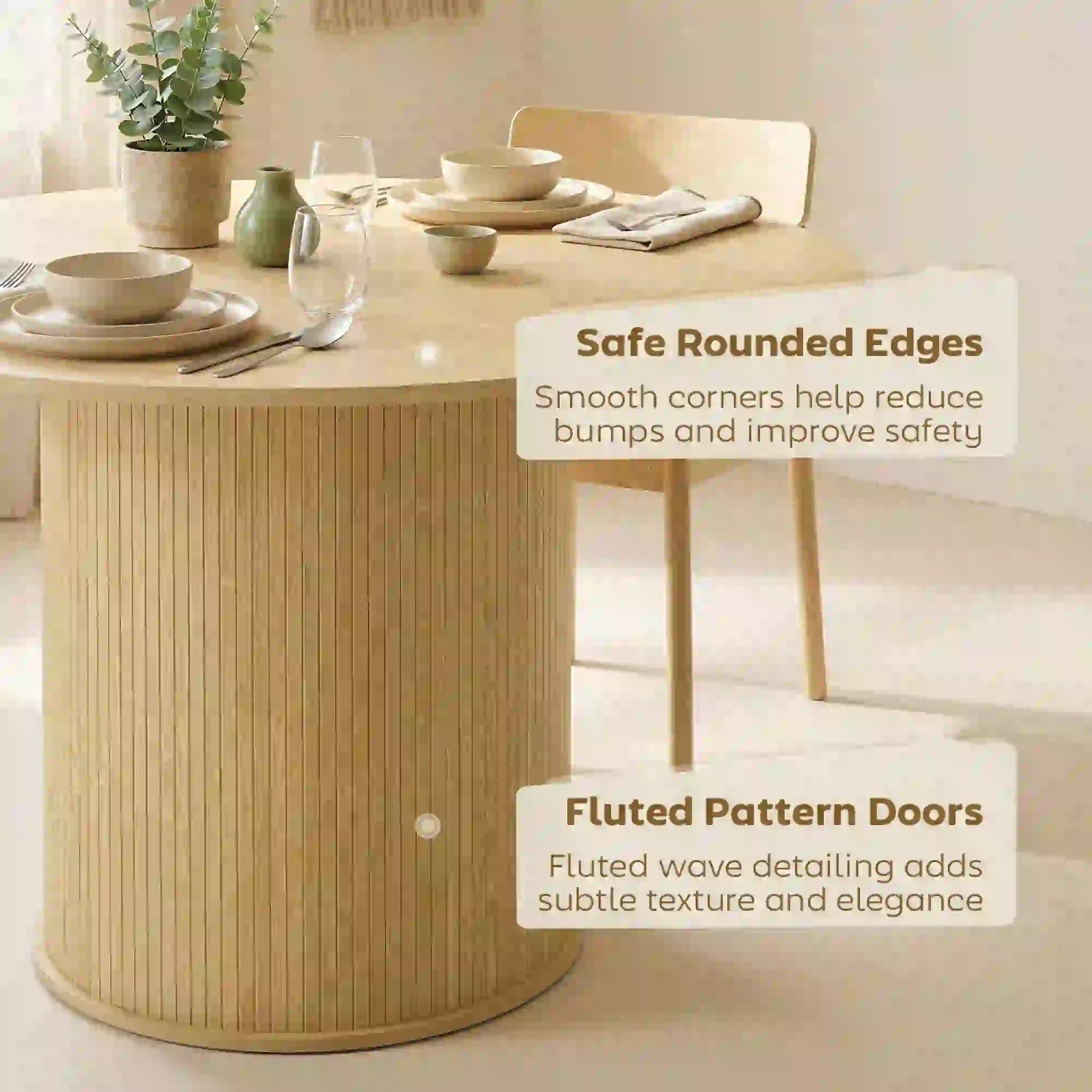 Round Dining Table For 5, 47 Inch, Fluted Pedestal Base, Natural Dining Tables at Gallery Canada