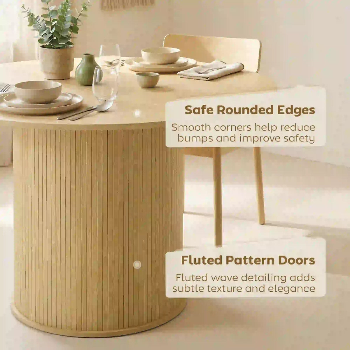 Round Dining Table For 5, 47 Inch, Fluted Pedestal Base, Natural Dining Tables at Gallery Canada