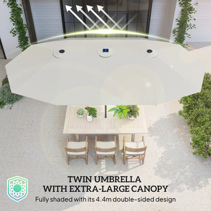 173" Double-Sided Sun Umbrella, Garden Parasol, Solar LED Light, Cream White Double-sided Umbrellas at Gallery Canada
