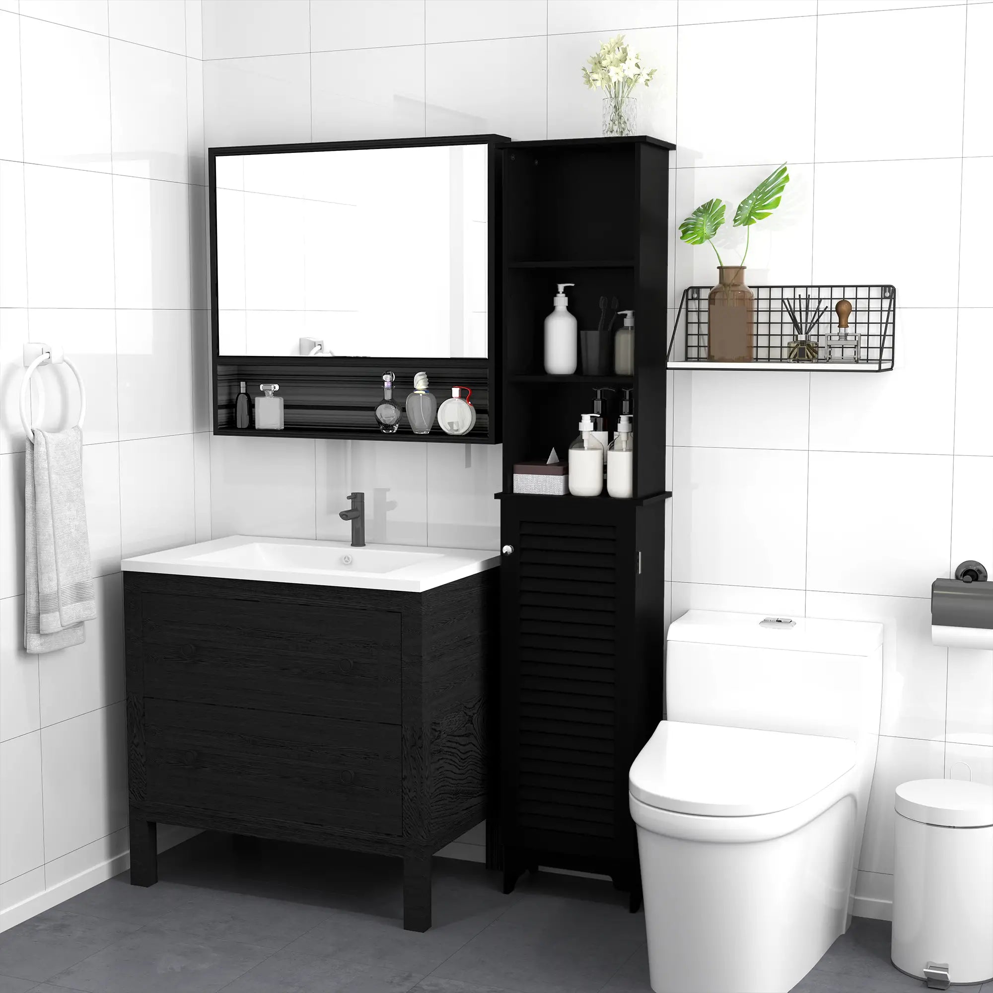 Tall Bathroom Storage Cabinet, 3-Tier Adjustable Shelf, Black Bathroom Cabinets at Gallery Canada