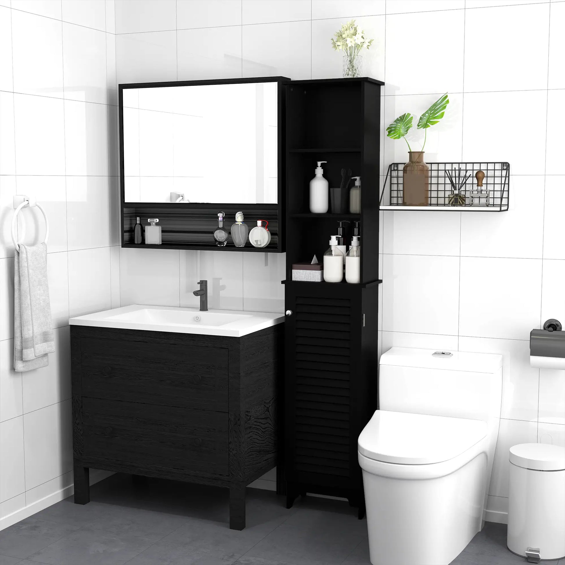 Tall Bathroom Storage Cabinet, 3-Tier Adjustable Shelf, Black Bathroom Cabinets at Gallery Canada