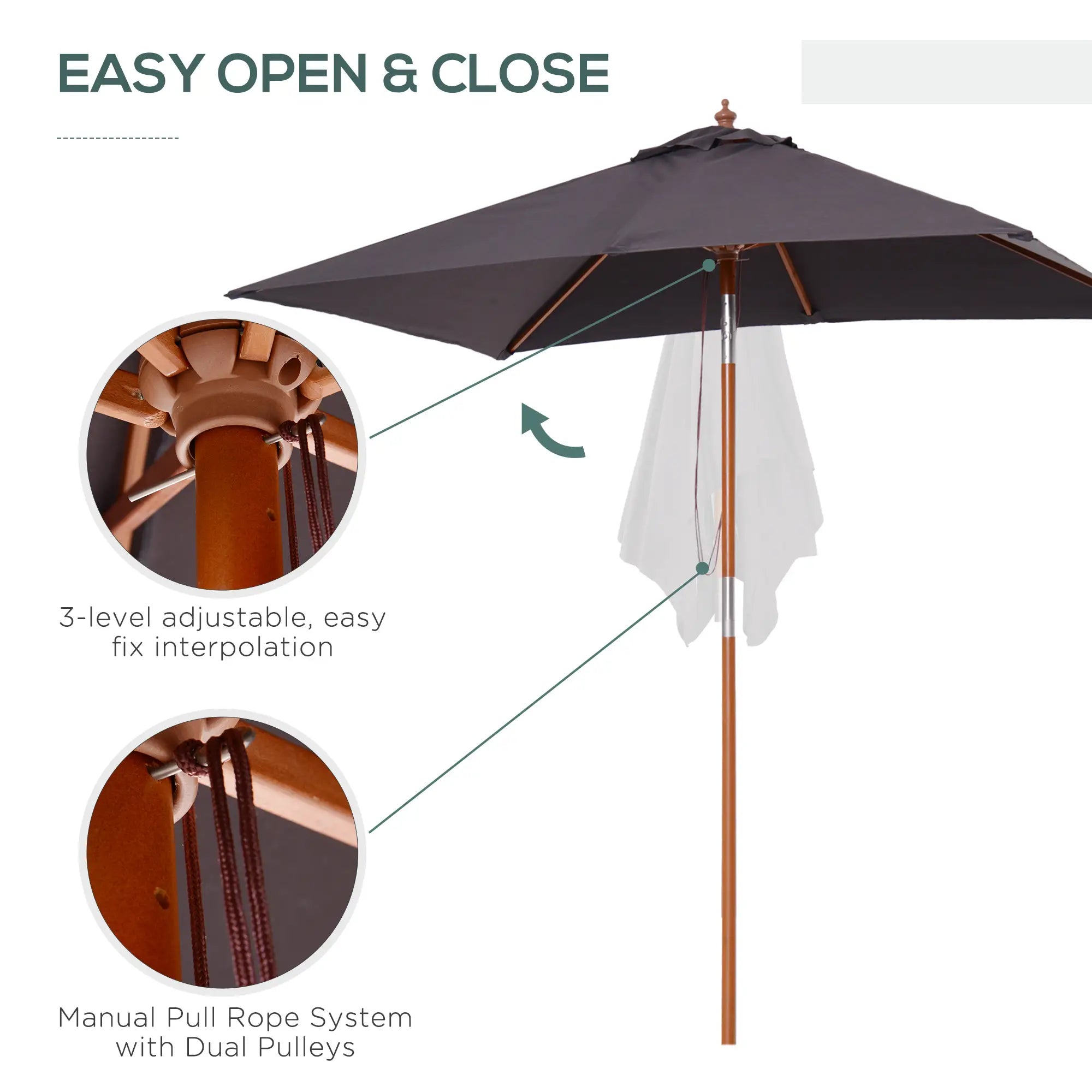 6.6x5ft Square Market Parasol, Wooden Patio Umbrella, Tilt Mechanism, 6 Bamboo Ribs, Dark Grey Sun Umbrellas at Gallery Canada