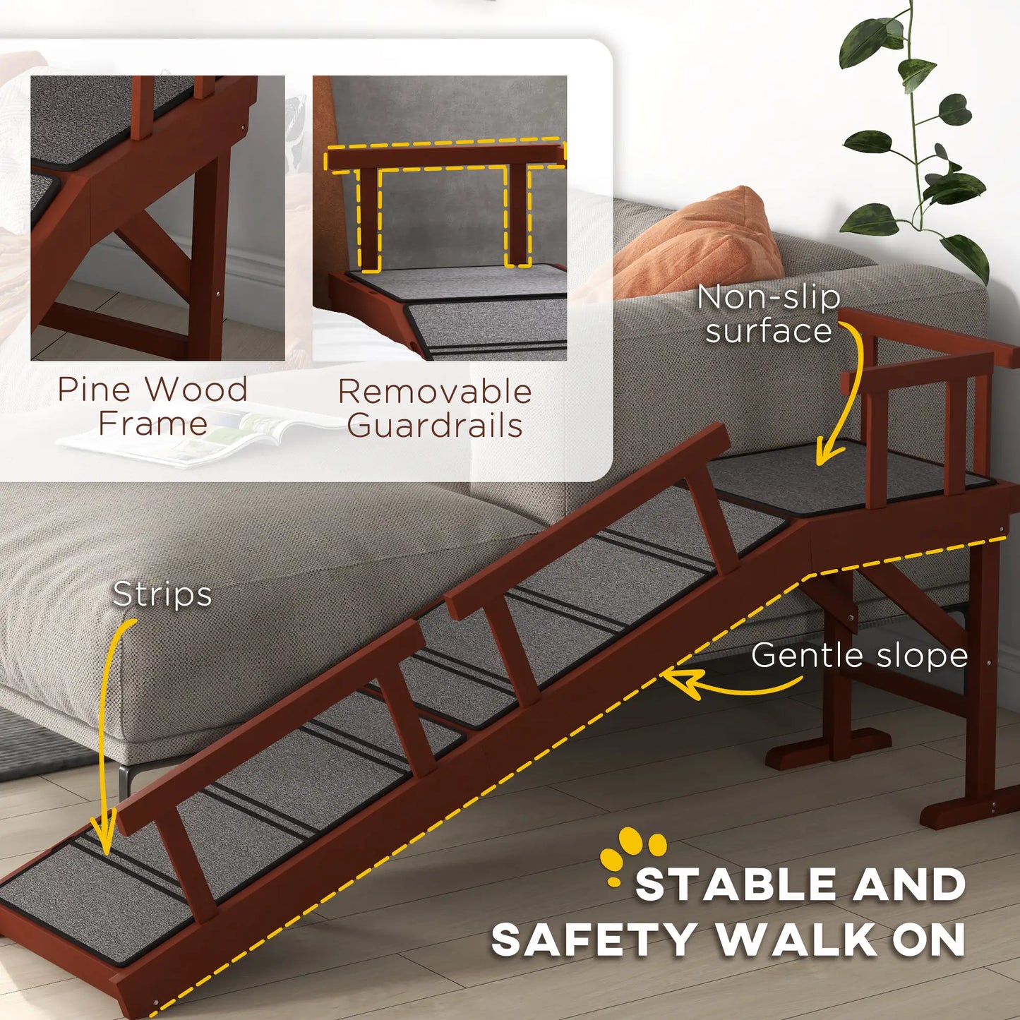 Wooden Dog Ramp, 60" Long, Non-Slip Rug, Removable Guardrails, Brown Dog Stairs at Gallery Canada