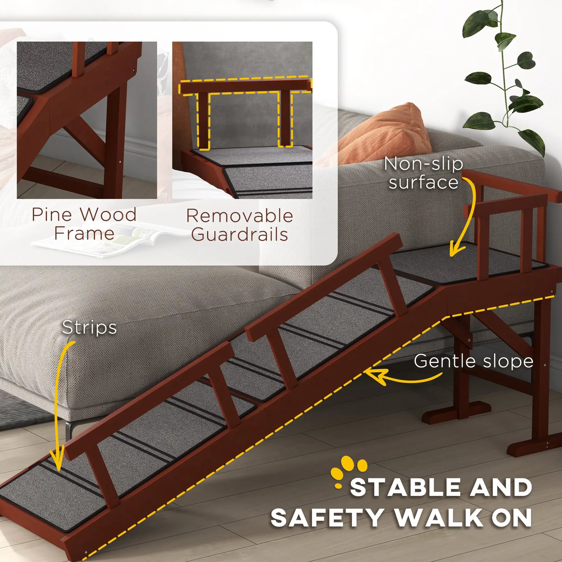 Wooden Dog Ramp, 60" Long, Non-Slip Rug, Removable Guardrails, Brown Dog Stairs at Gallery Canada
