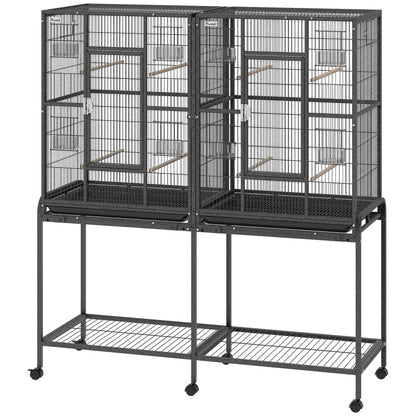 56"H Bird Cage, Parrot Cage w/ Detachable Rolling Stand, Removable Tray, Storage Shelf, Perches, Food Container Bird Cages Black at Gallery Canada