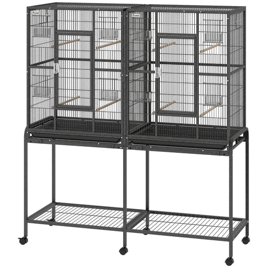 56"H Bird Cage, Parrot Cage w/ Detachable Rolling Stand, Removable Tray, Storage Shelf, Perches, Food Container Bird Cages Black at Gallery Canada