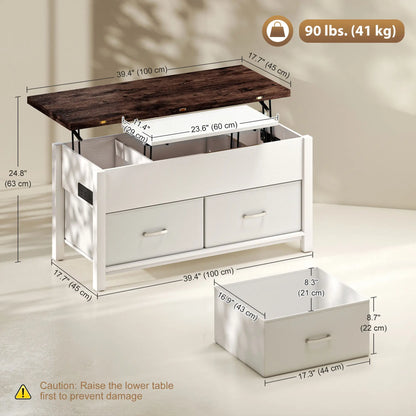 Table basse à plateau relevable, 3 compartiments cachés, 2 tiroirs en tissu