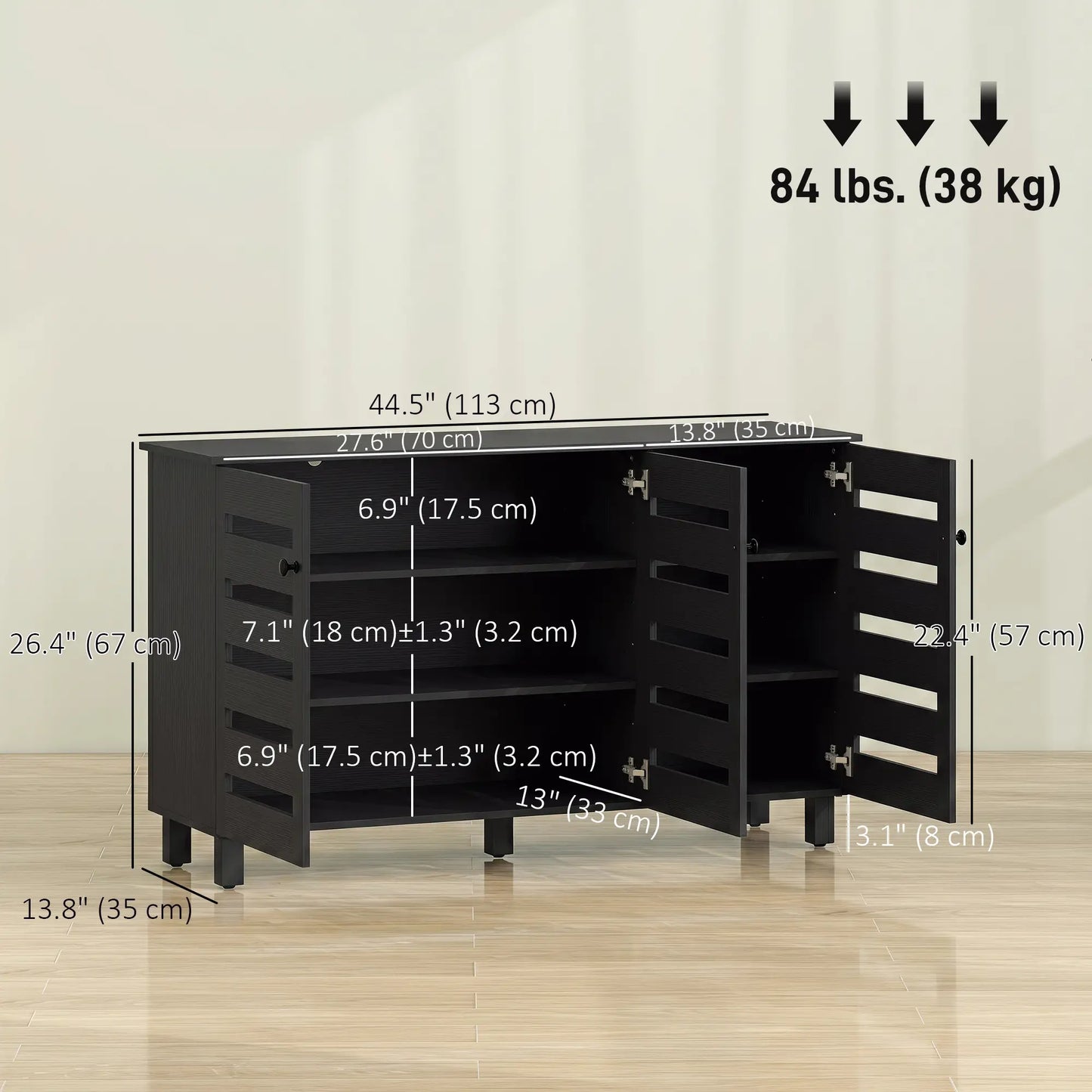 Shoe Cabinet, 3 Slatted Doors, 3-Tier, Adjustable Shelves, 15 Pairs, Black