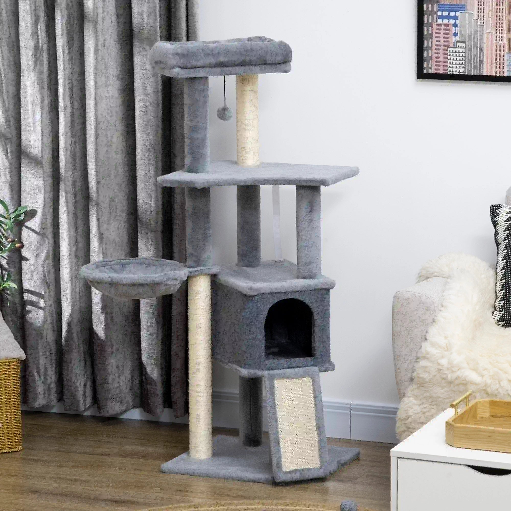 50 Inch Cat Tree, Multi-Level Tower with Sisal Posts, Ramp, Bed, Condo, Hammock, Toy Ball, Grey Cat Towers at Gallery Canada