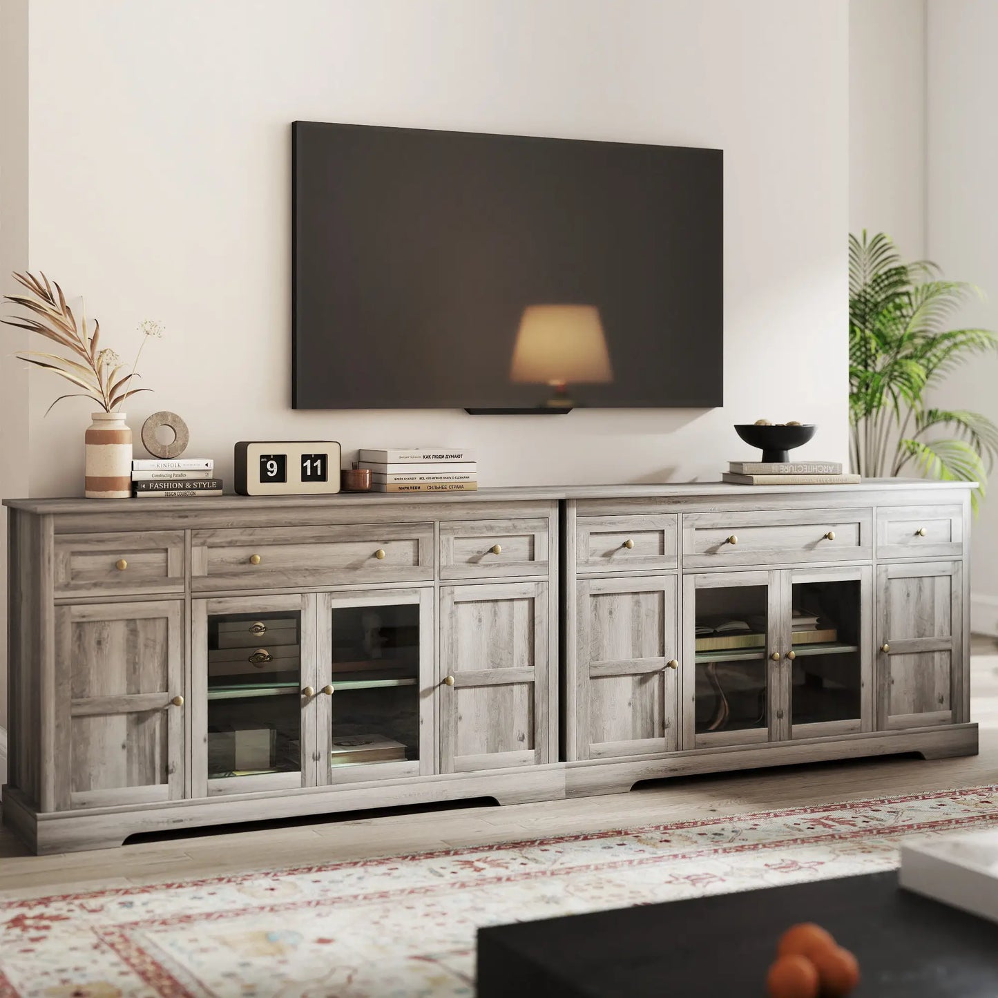 Sideboard Buffet Cabinet, Coffee Bar with Glass Doors, Adjustable Shelves, Weathered Grey Oak, Grey Bar Cabinets at Gallery Canada