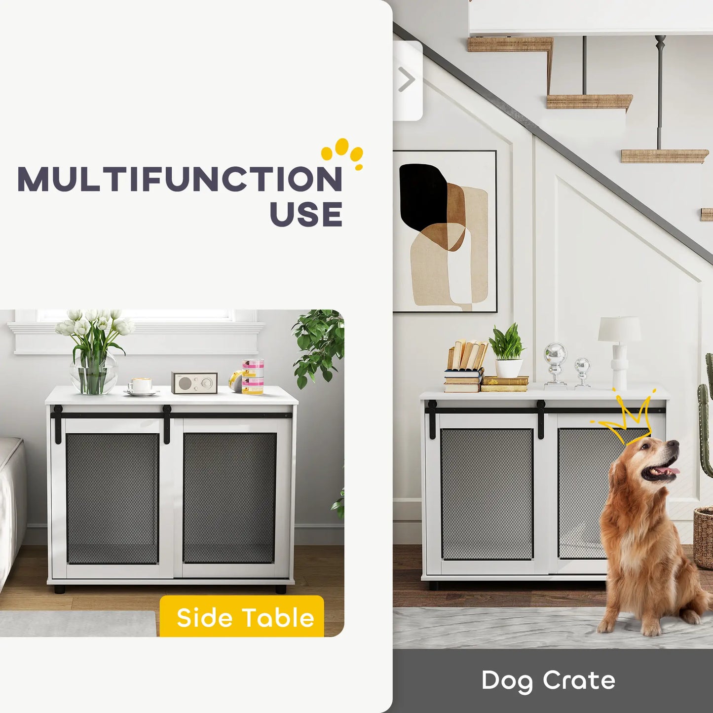 39" Dog Crate Furniture, Sliding Barn Door, Large Dog Cage End Table, White Houses, Kennels & Pens at Gallery Canada