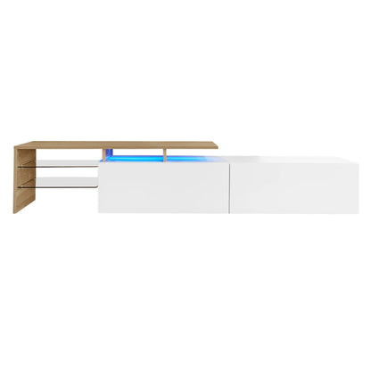 TV Stand With Glass Shelves, LED Lighting, 67" L x 13" W x 13" H, Natural, White TV Stands White, Natural at Gallery Canada