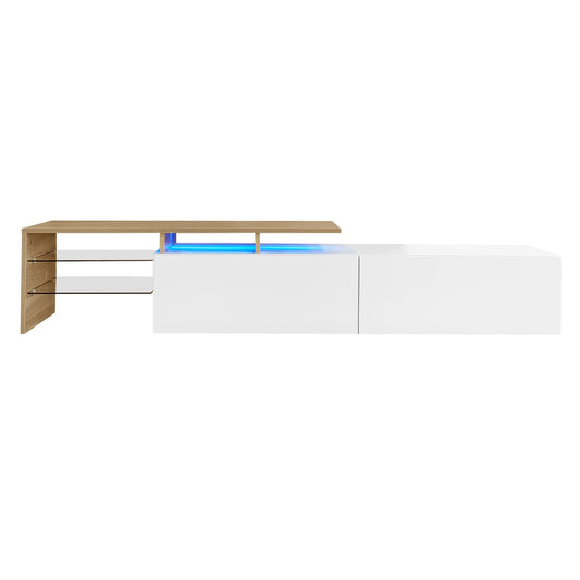 TV Stand With Glass Shelves, LED Lighting, 67" L x 13" W x 13" H, Natural, White TV Stands White, Natural at Gallery Canada