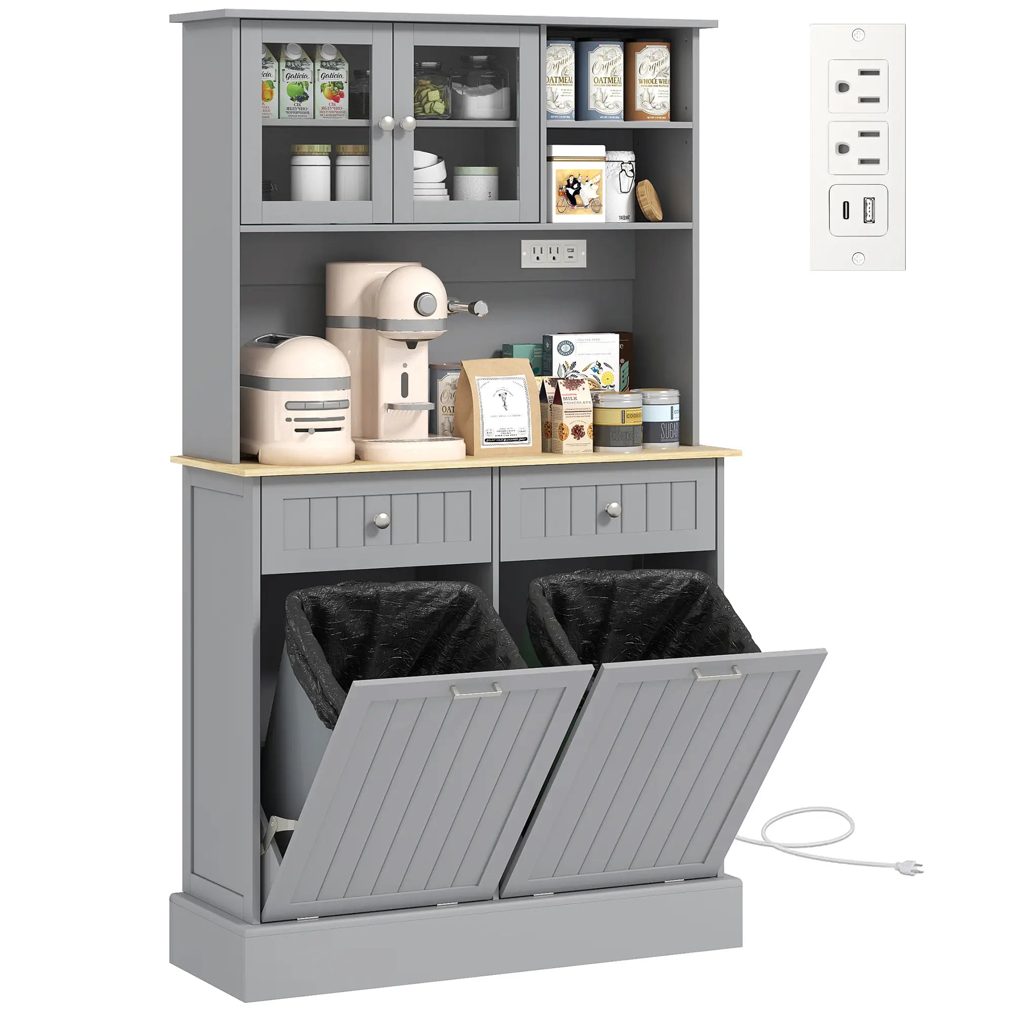 Kitchen Cabinet with Charging Station, 2 Tilt Out Cabinets, Microwave Stand, Grey Kitchen Pantry Cabinets at Gallery Canada