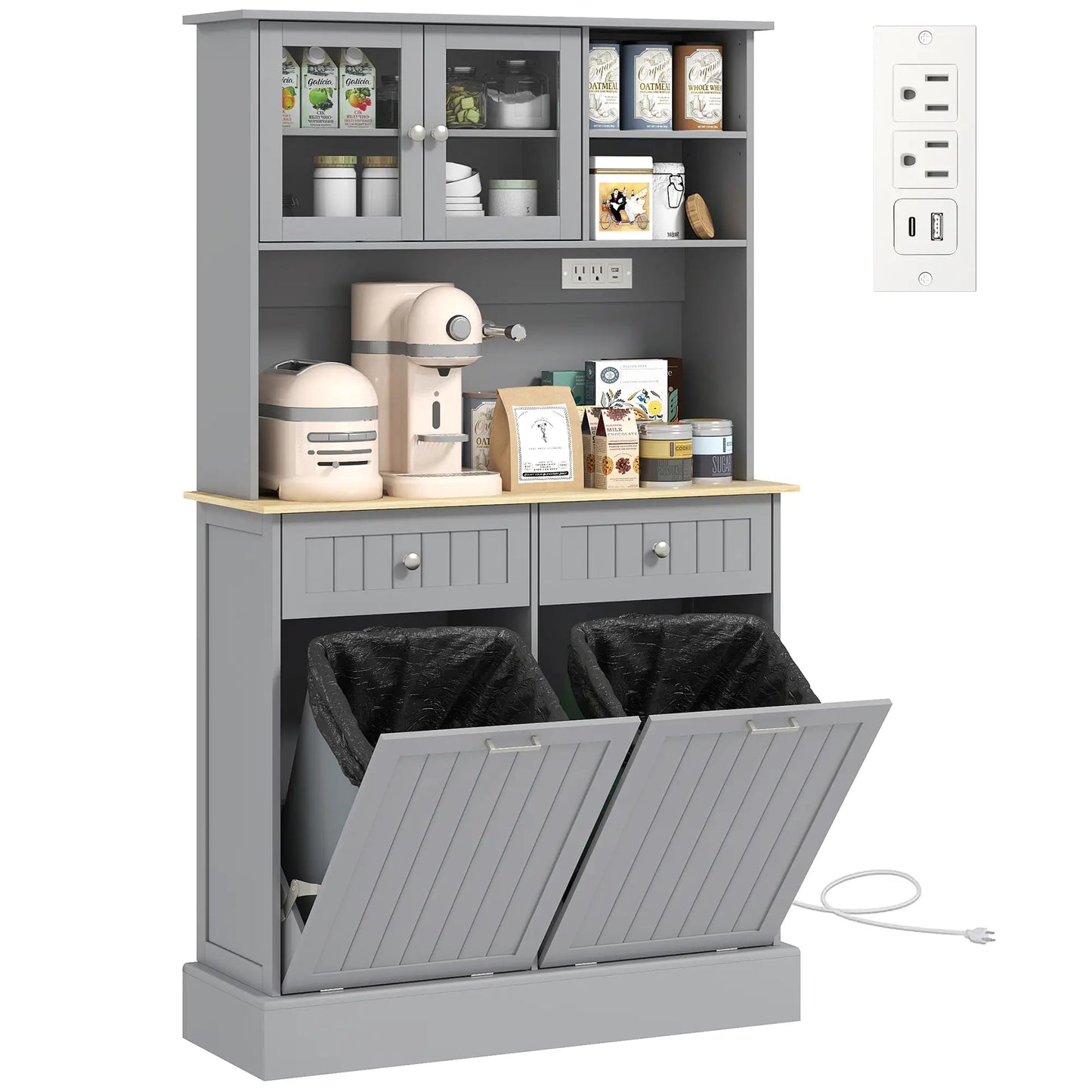Kitchen Cabinet with Charging Station, 2 Tilt Out Cabinets, Microwave Stand, Grey Kitchen Pantry Cabinets at Gallery Canada