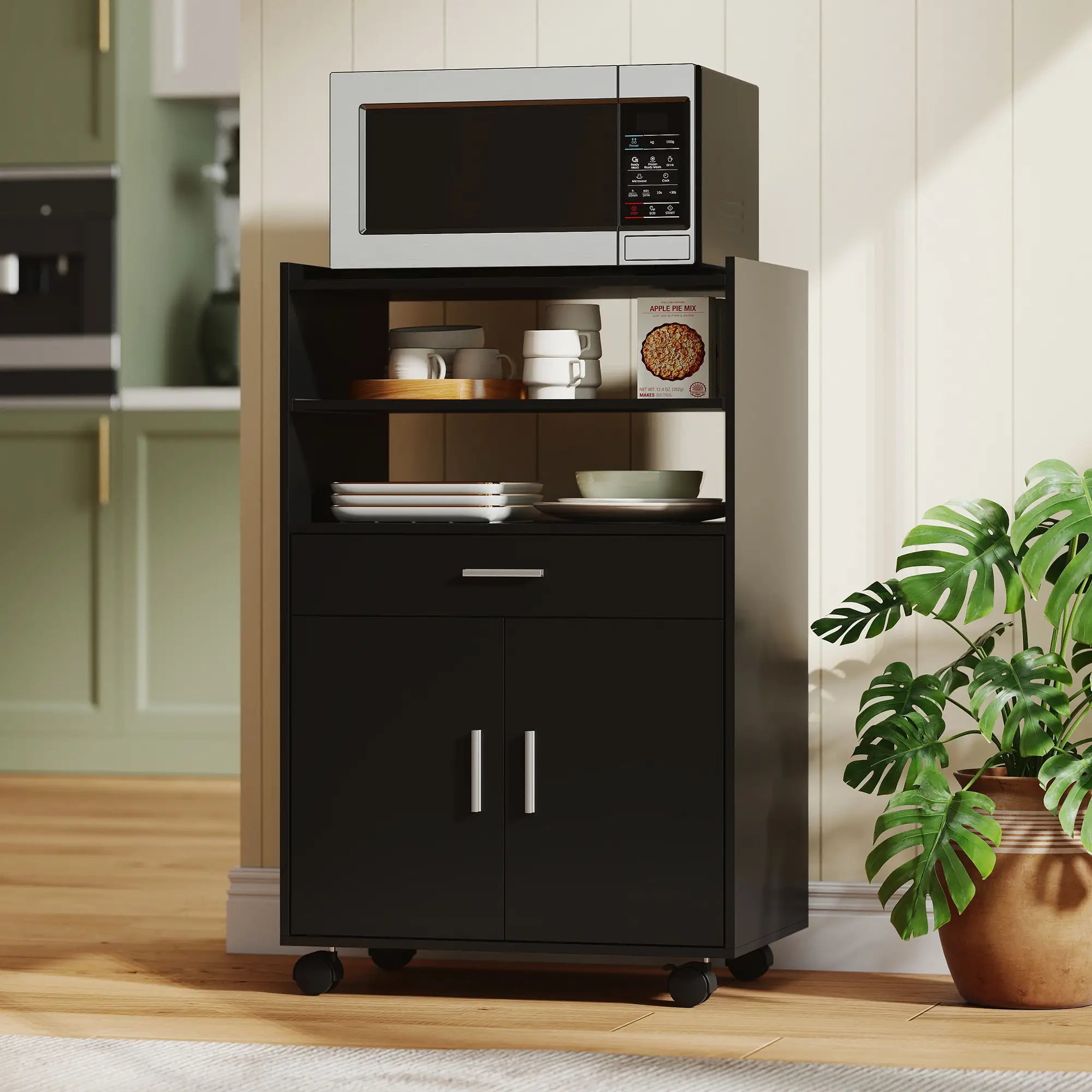 Microwave Cart with Wheels, Open Shelves and Drawer, Black Kitchen Islands & Kitchen Carts at Gallery Canada