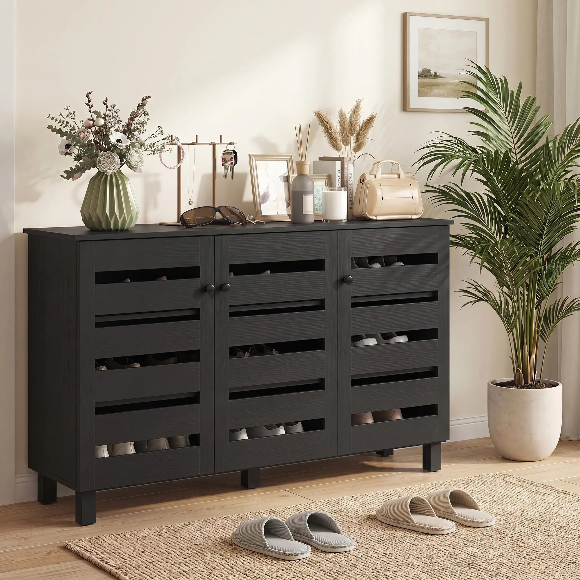 Shoe Cabinet, 3 Slatted Doors, 3-Tier, Adjustable Shelves, 15 Pairs, Black Shoe Storage Cabinets & Racks at Gallery Canada