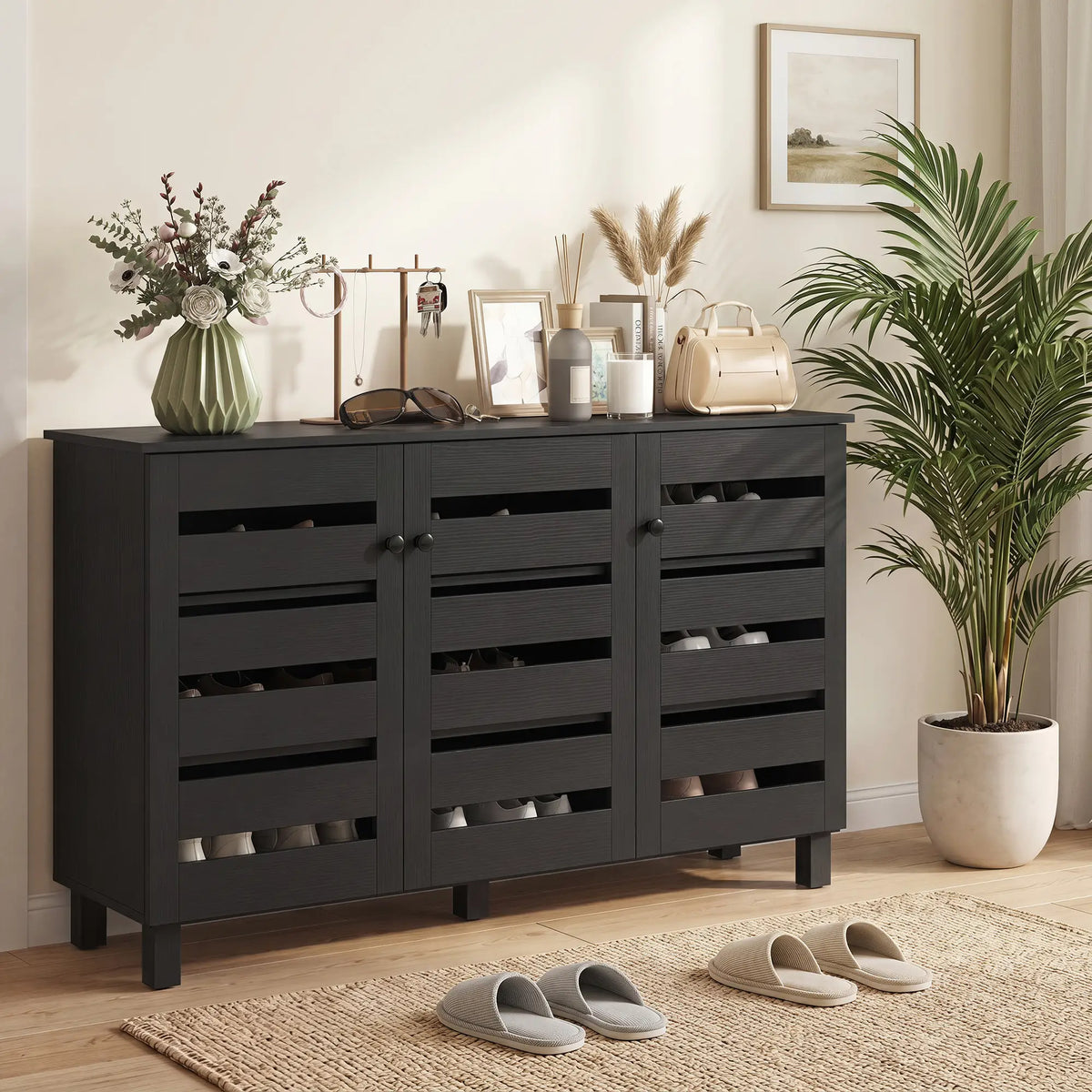 Shoe Cabinet, 3 Slatted Doors, 3-Tier, Adjustable Shelves, 15 Pairs, Black Shoe Storage Cabinets & Racks at Gallery Canada