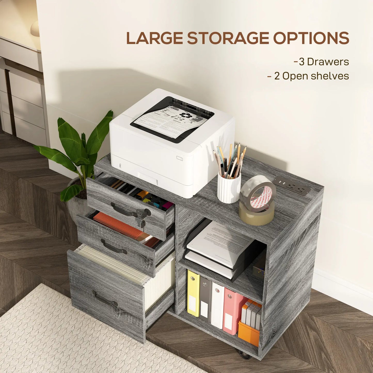 Mobile Printer Stand, Charging Station, USB Ports, Locking Cabinet, A4 Letter Size, Grey Office Cabinets & Cupboards at Gallery Canada