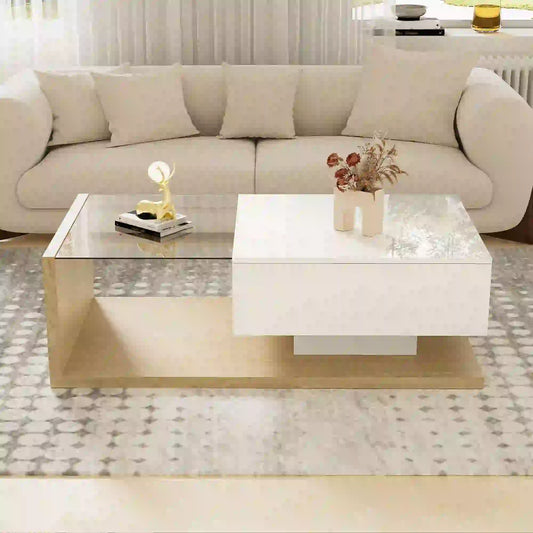 Modern Coffee Table, Glass LED Effect, Storage, 41.5" L x 21.5" W x 12.5" H, White+Wood, White, Wood Coffee Tables White, Wood at Gallery Canada