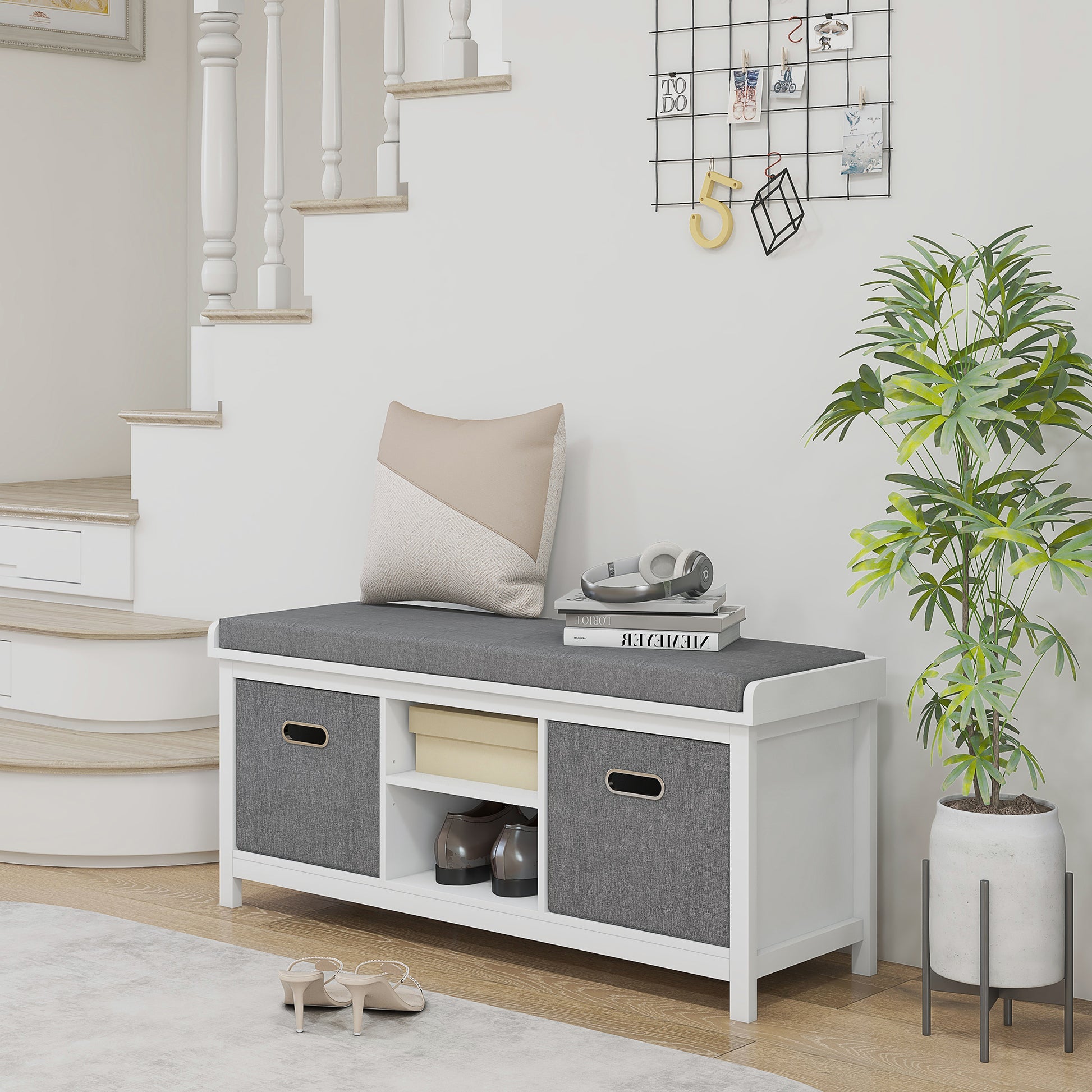 Shoe Storage Bench with Seat, Entryway Bench Seat with Cushion, 2 Drawers and Adjustable Shelf for Hallway, White at Gallery Canada