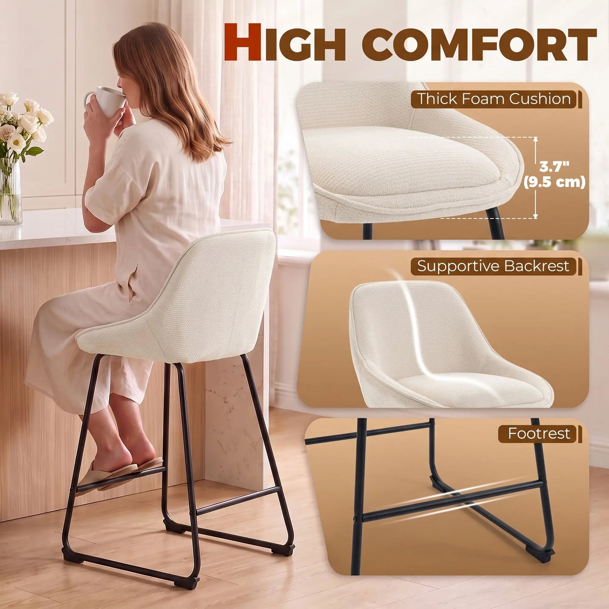 Chenille Bar Stools Set of 2, Cream White, Counter Height, Backrest