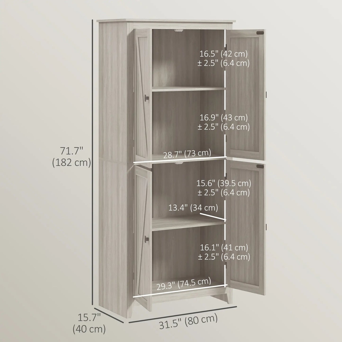 72" Freestanding Storage Cabinet, Kitchen Pantry with Doors, Shelves, Grey Kitchen Pantry Cabinets at Gallery Canada