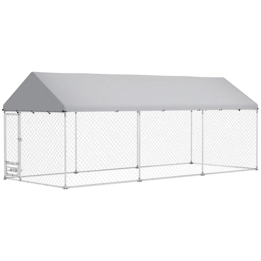 Outdoor Dog Run, Adjustable Bowls, Waterproof Cover, 19.7' x 7.5' x 7.5' Houses, Kennels & Pens Silver at Gallery Canada