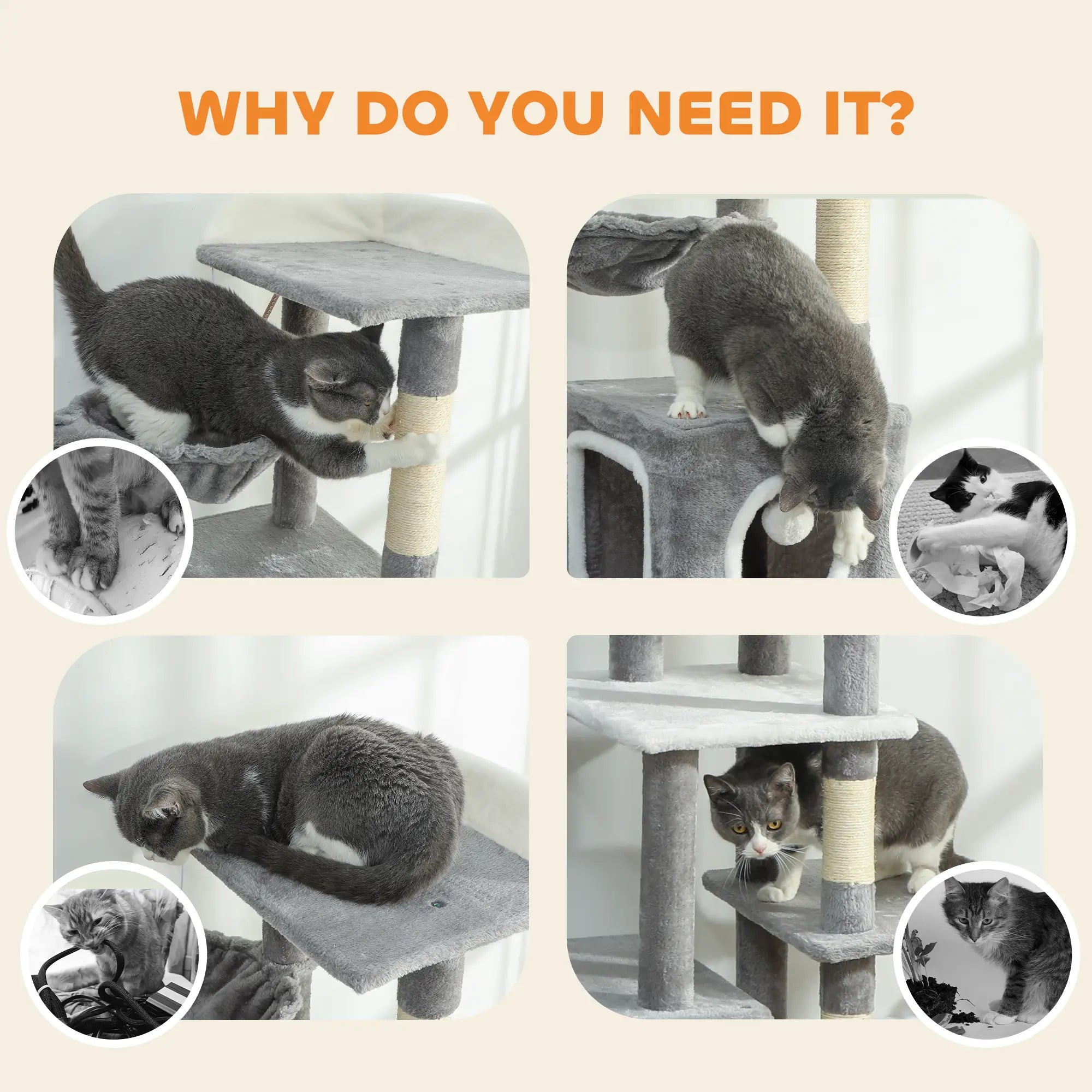 65 Inch Cat Tree, 2 Doors Condos, Plush Perch, Hammock, Grey Cat Towers at Gallery Canada