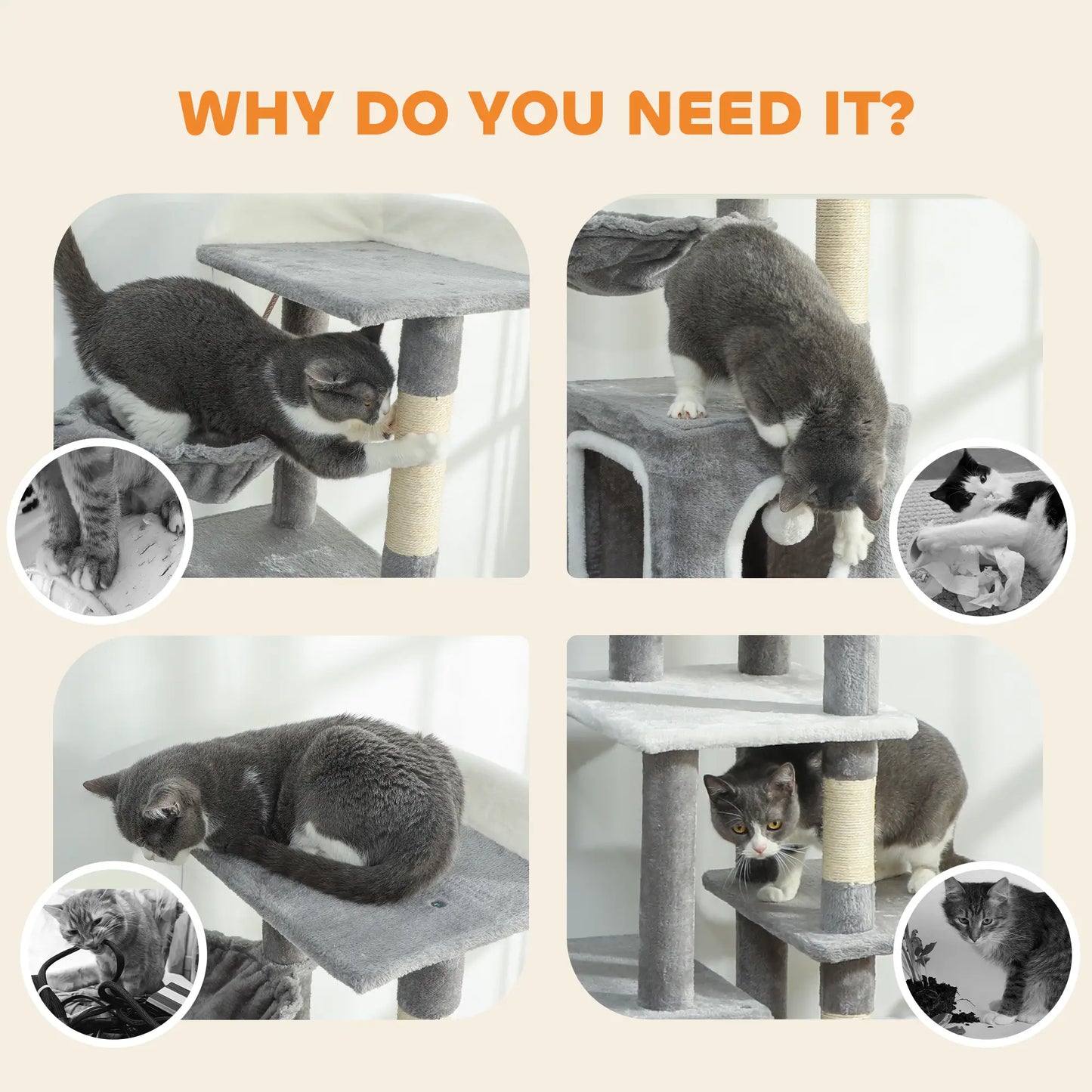 65 Inch Cat Tree, 2 Doors Condos, Plush Perch, Hammock, Grey Cat Towers at Gallery Canada