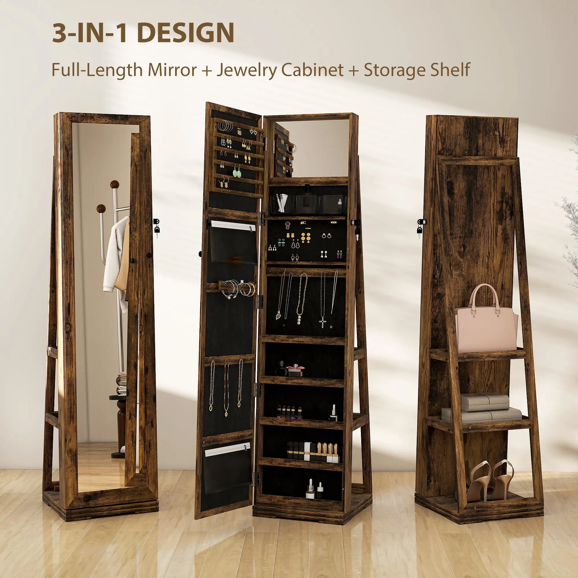 360° Swivel Jewelry Armoire, Lockable Mirror Cabinet, Rustic Brown Jewelry Armoire & Jewellery Mirror Cabinets at Gallery Canada