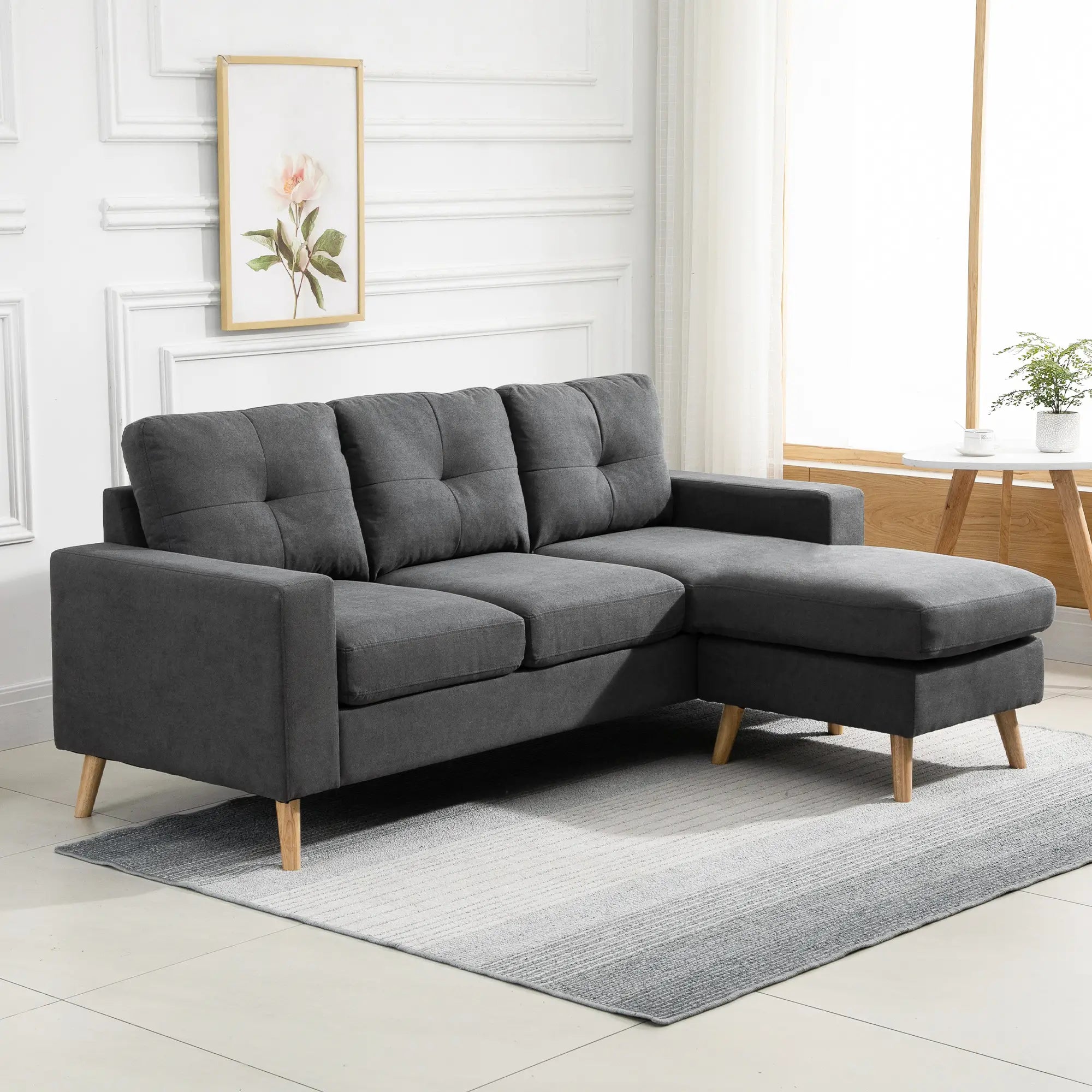 L Shaped Sectional Sofa, Reversible Chaise, Wooden Legs, Dark Grey 3-Seater Sofas at Gallery Canada