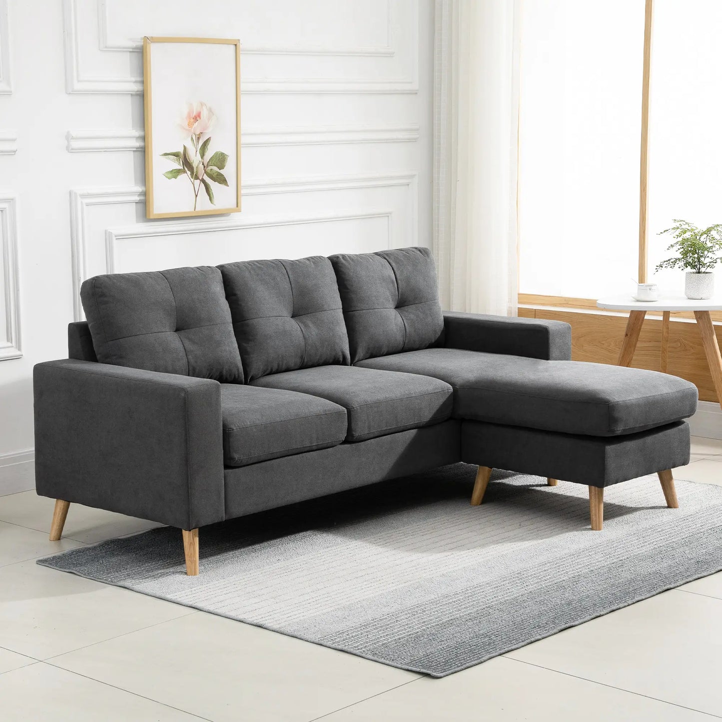 L Shaped Sectional Sofa, Reversible Chaise, Wooden Legs, Dark Grey 3-Seater Sofas at Gallery Canada