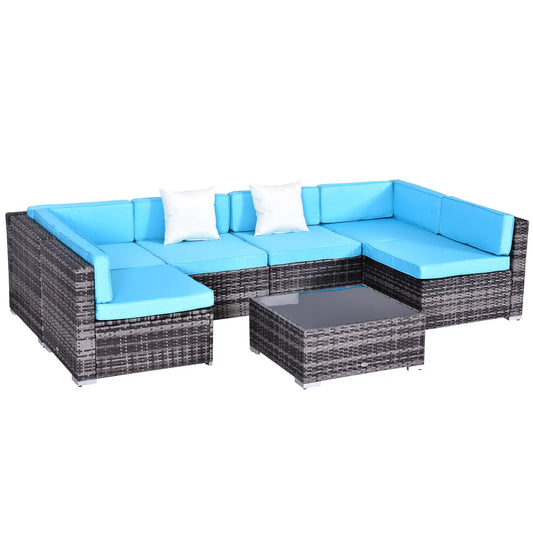 7-Piece Outdoor Rattan Furniture Set, Patio Wicker Sectional Sofa with Cushions, Coffee Table Patio Furniture Sets Brown Rattan, Sky Blue Fabric at Gallery Canada