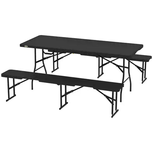 6FT 3PCS Faux Rattan Outdoor Table Bench Set, Folding Picnic Table with 2 Benches, Black Picnic Tables & Camping Chairs Black, Brown at Gallery Canada