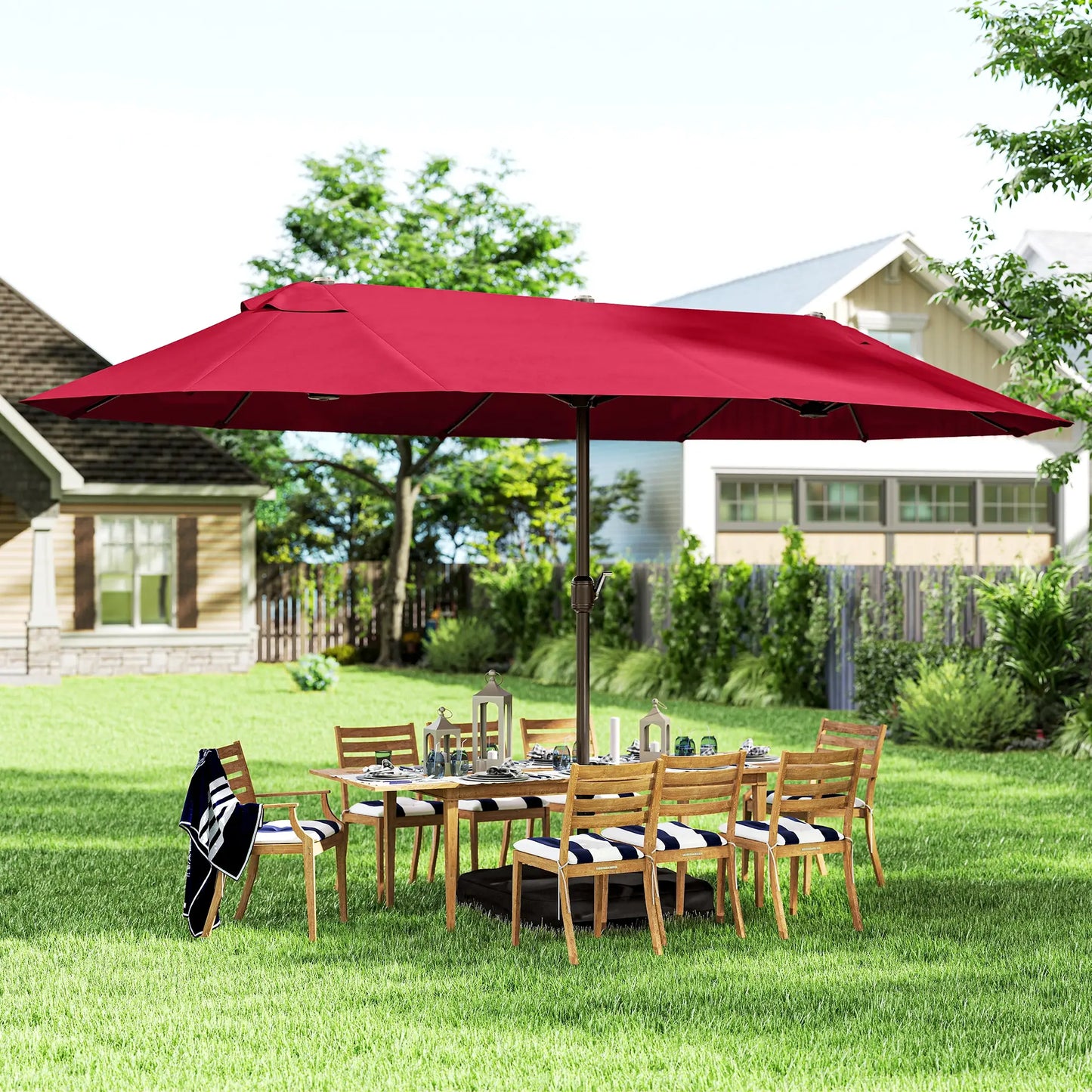 15' Outdoor Patio Umbrella, Twin Canopy Sunshade, Lift Crank, Wine Red Sun Umbrellas at Gallery Canada