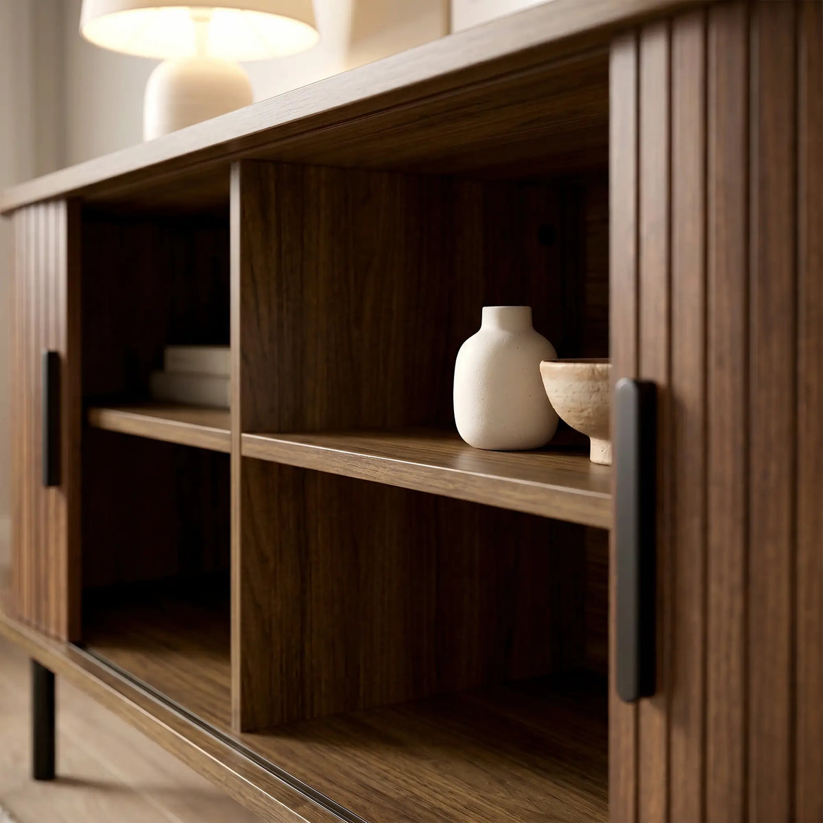 TV Stand for TVs up to 60", Modern Entertainment Center with Curved Sliding Doors, Walnut Brown TV Stands at Gallery Canada